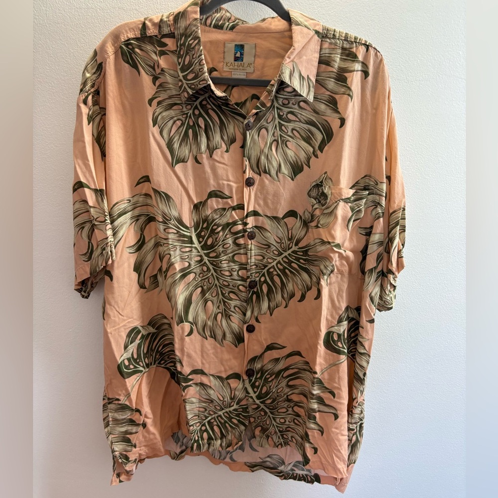 Kahala Peach Palm Leaf Print Hawaiian Shirt XL